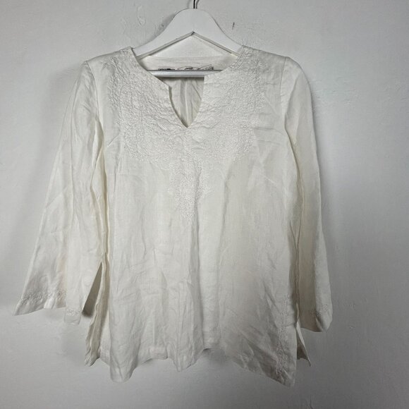 Edward Womens Irish Linen Split Neck Embroidered Top Blouse XL White Long Sleeve - Picture 1 of 7
